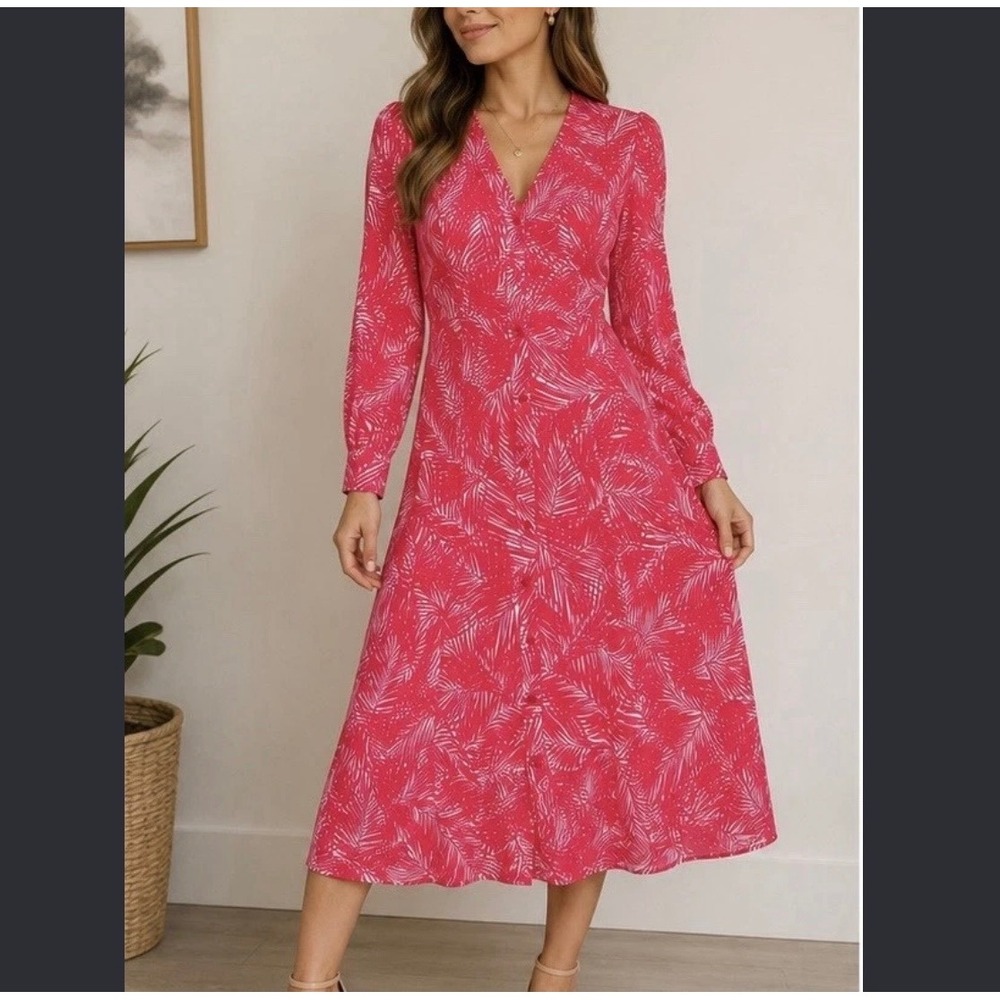 Michael Kors Midi Dress Sz S Pink Palm Leaf Button Front Modest Resortwear EUC